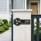 Elegant black Tennessee tri star metal house number sign with street address for exterior wall décor