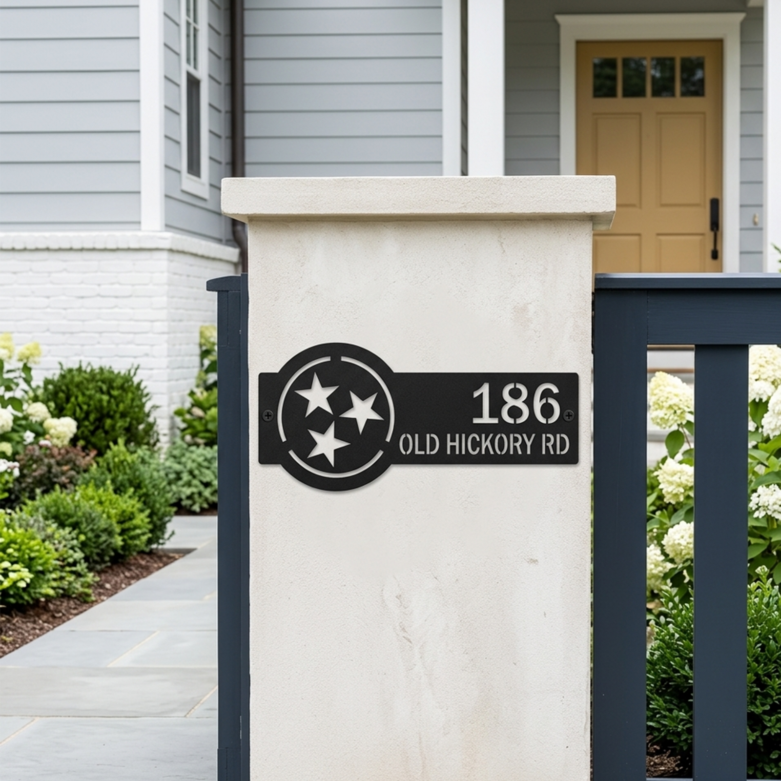 Elegant black Tennessee tri star metal house number sign with street address for exterior wall décor