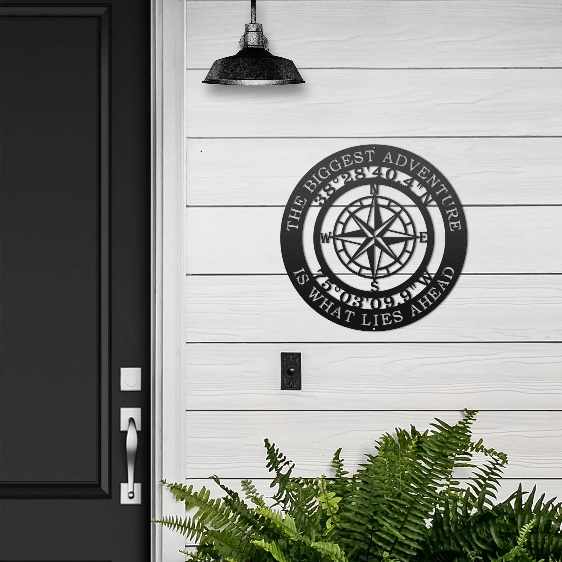 The Biggest Adventure Compass With Personalized GPS Coordinates - Personalized Nautical Wall Art featuring a black metal compass design, perfect for indoor or outdoor decor, highlighting adventure and exploration themes.