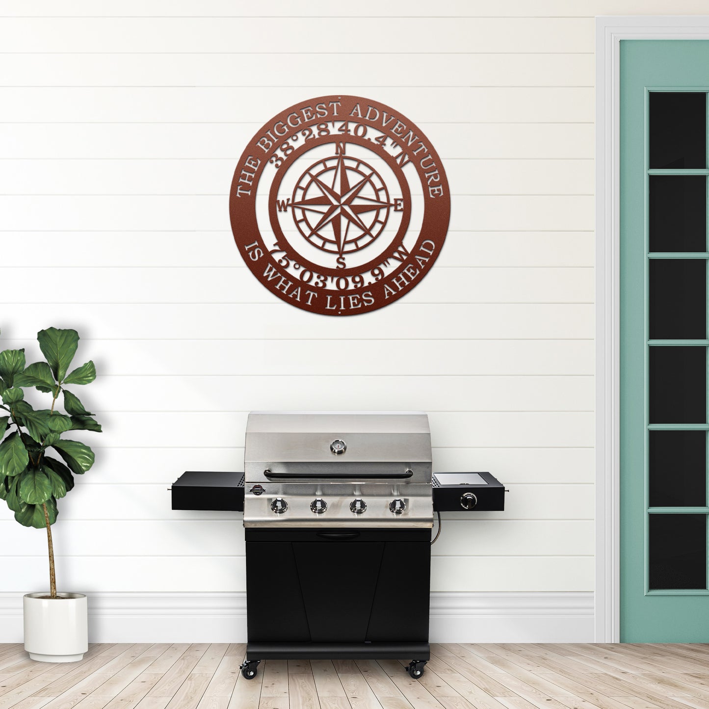 The Biggest Adventure Compass With Personalized GPS Coordinates metal sign, featuring a compass design and customizable coordinates, perfect for indoor or outdoor display as personalized nautical wall art.