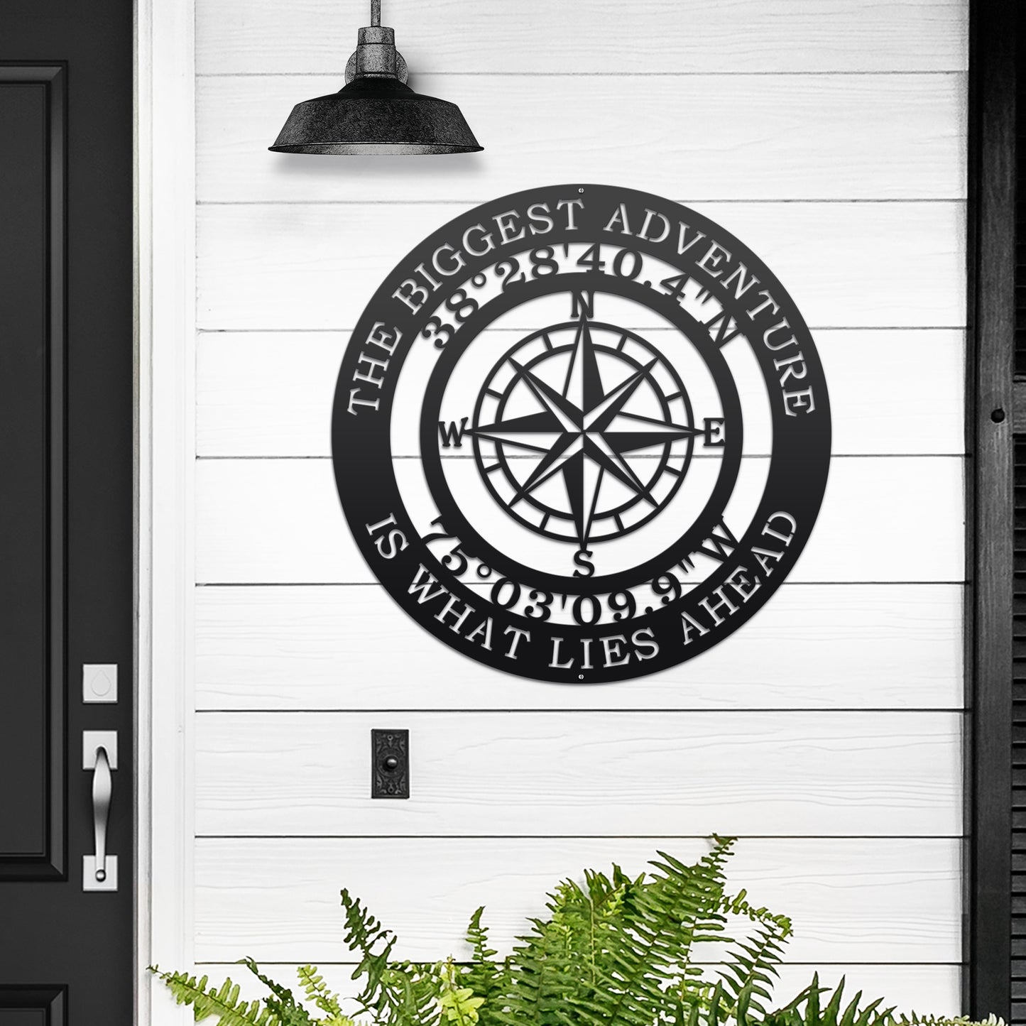 The Biggest Adventure Compass With Personalized GPS Coordinates - a black metal sign featuring a compass design and customizable coordinates, perfect for indoor or outdoor decor, embodying adventure and exploration.