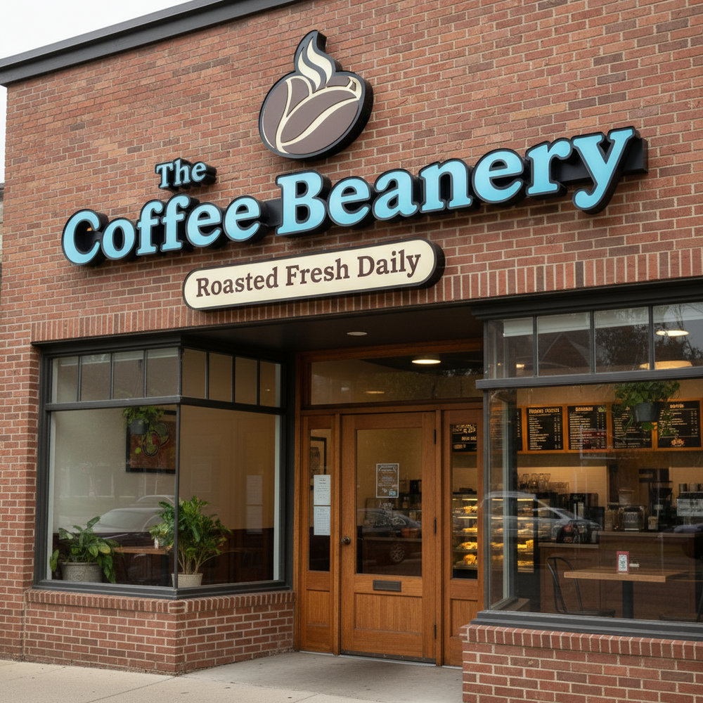 Custom illuminated coffee shop storefront sign with dimensional channel letters and coffee bean logo mounted on brick cafe exterior facade