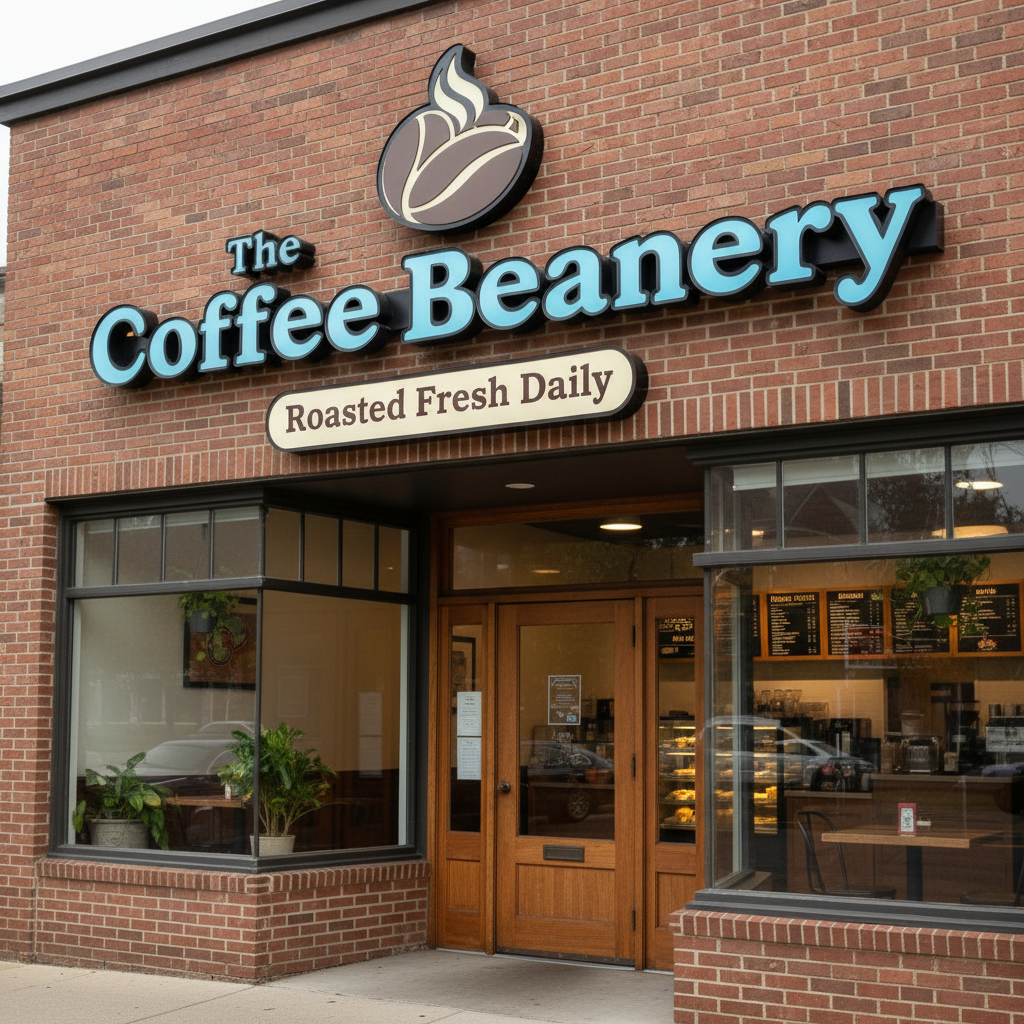 Custom illuminated coffee shop storefront sign with dimensional channel letters and coffee bean logo mounted on brick cafe exterior facade
