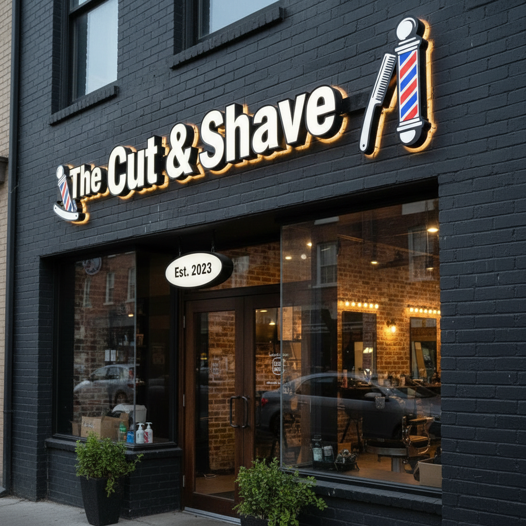 Custom illuminated barbershop business sign with dimensional channel letters barber pole icons and warm LED halo lighting mounted on modern black brick storefront exterior