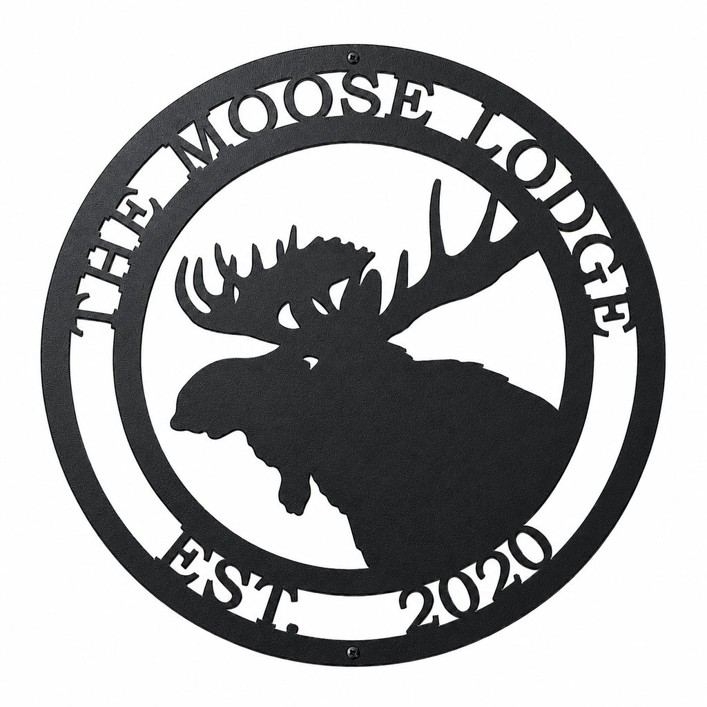 Black personalized moose lodge metal wall sign with moose silhouette and custom established year on white background