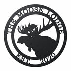 Black personalized moose lodge metal wall sign with moose silhouette and custom established year on white background