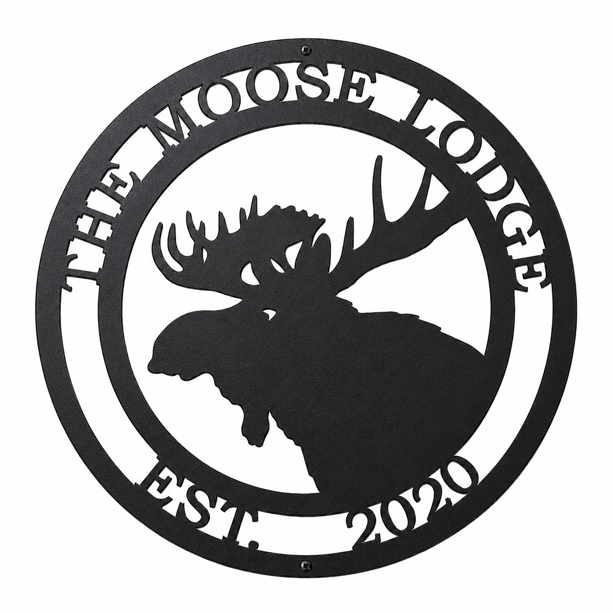 Black personalized moose lodge metal wall sign with moose silhouette and custom established year on white background