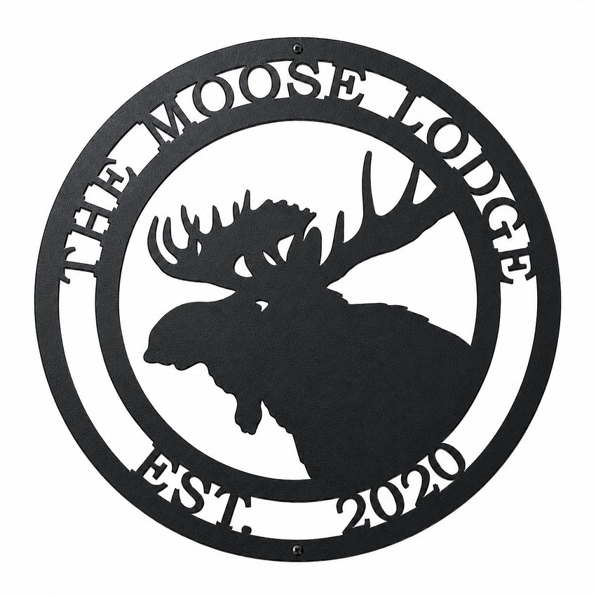 Black personalized moose lodge metal wall sign with moose silhouette and custom established year on white background