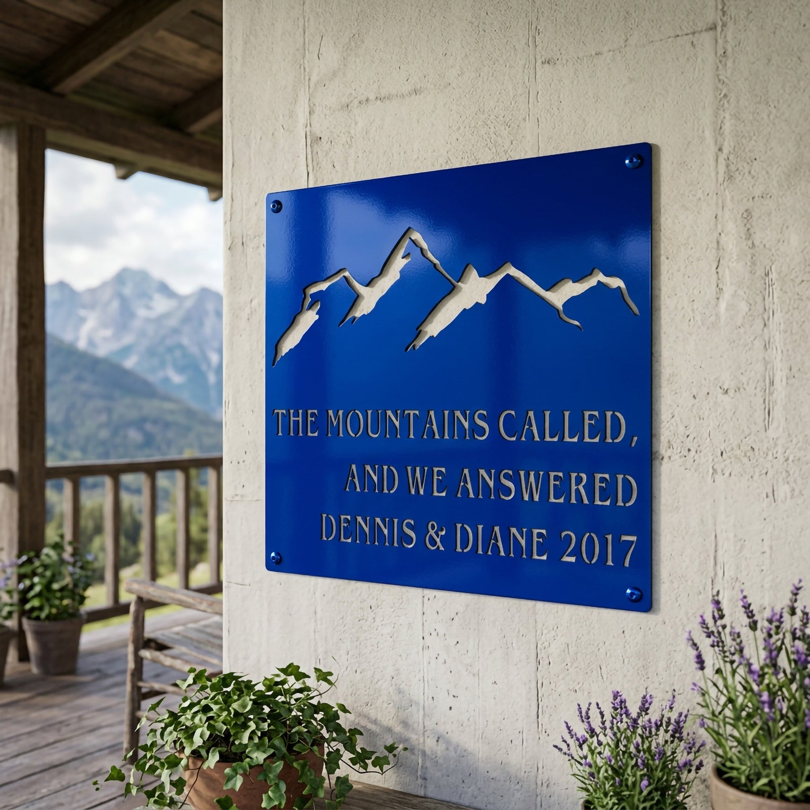 Deep red mountain metal sign with mountain silhouette, personalized family names, and year displayed as decorative wall art in a cozy home setting.