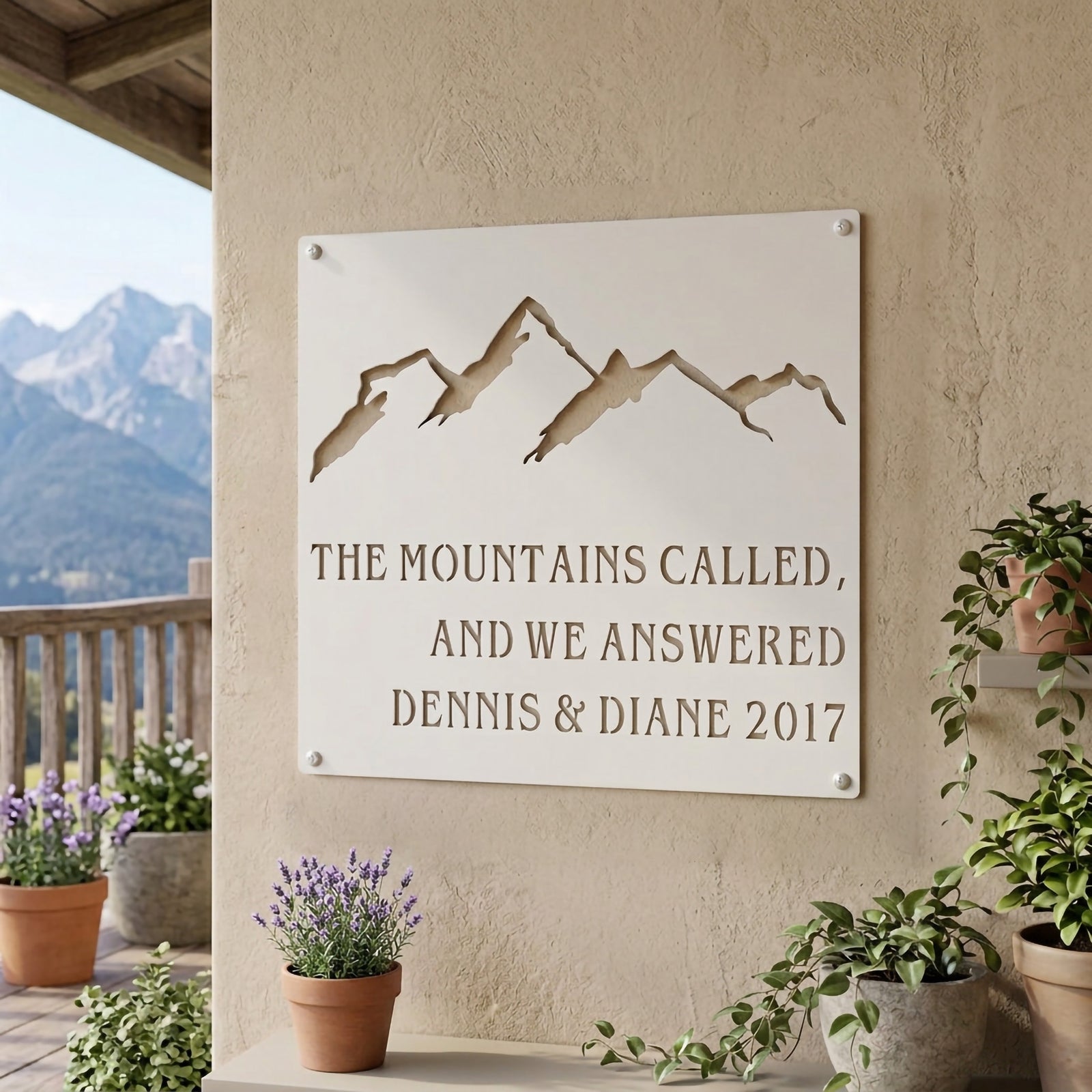 Personalized mountain metal plaque featuring mountain peak artwork, custom names, and year, crafted from powder-coated steel and displayed on an interior