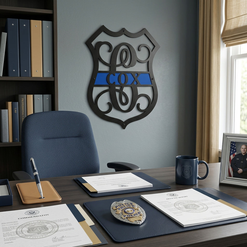 Personalized police badge metal wall sign with Cox name displayed in office with police badge and framed officer portrait
