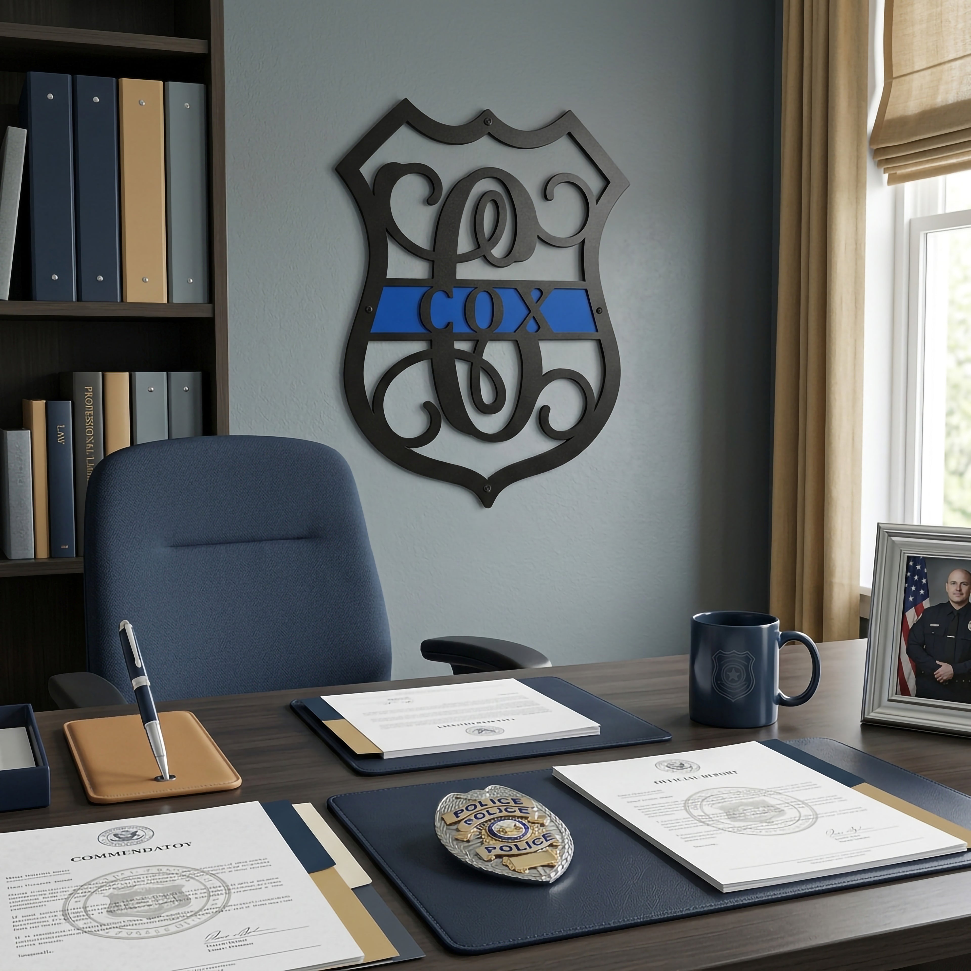 Personalized police badge metal wall sign with Cox name displayed in office with police badge and framed officer portrait