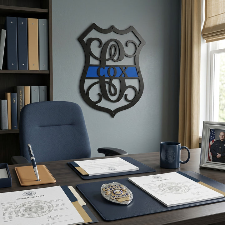 Personalized police badge metal wall sign with Cox name displayed in office with police badge and framed officer portrait