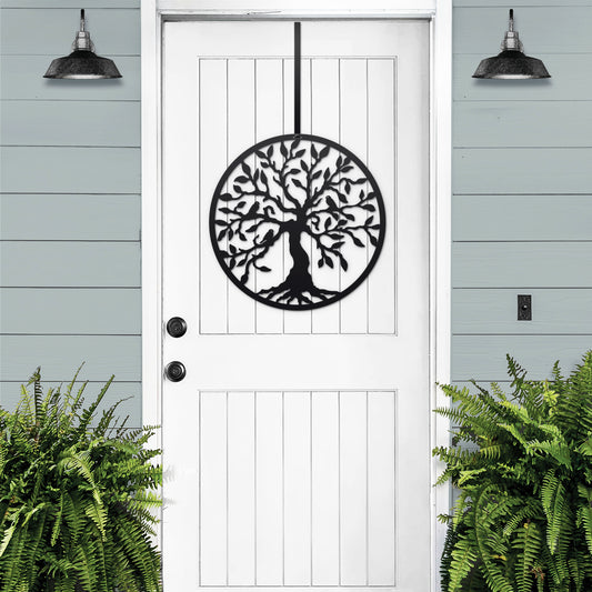 Tree of Life with Birds Front Door Wreath - Customizable Metal Door Decor features intricate metal art of a tree with birds, ideal for enhancing home or garden spaces with elegance and symbolism.