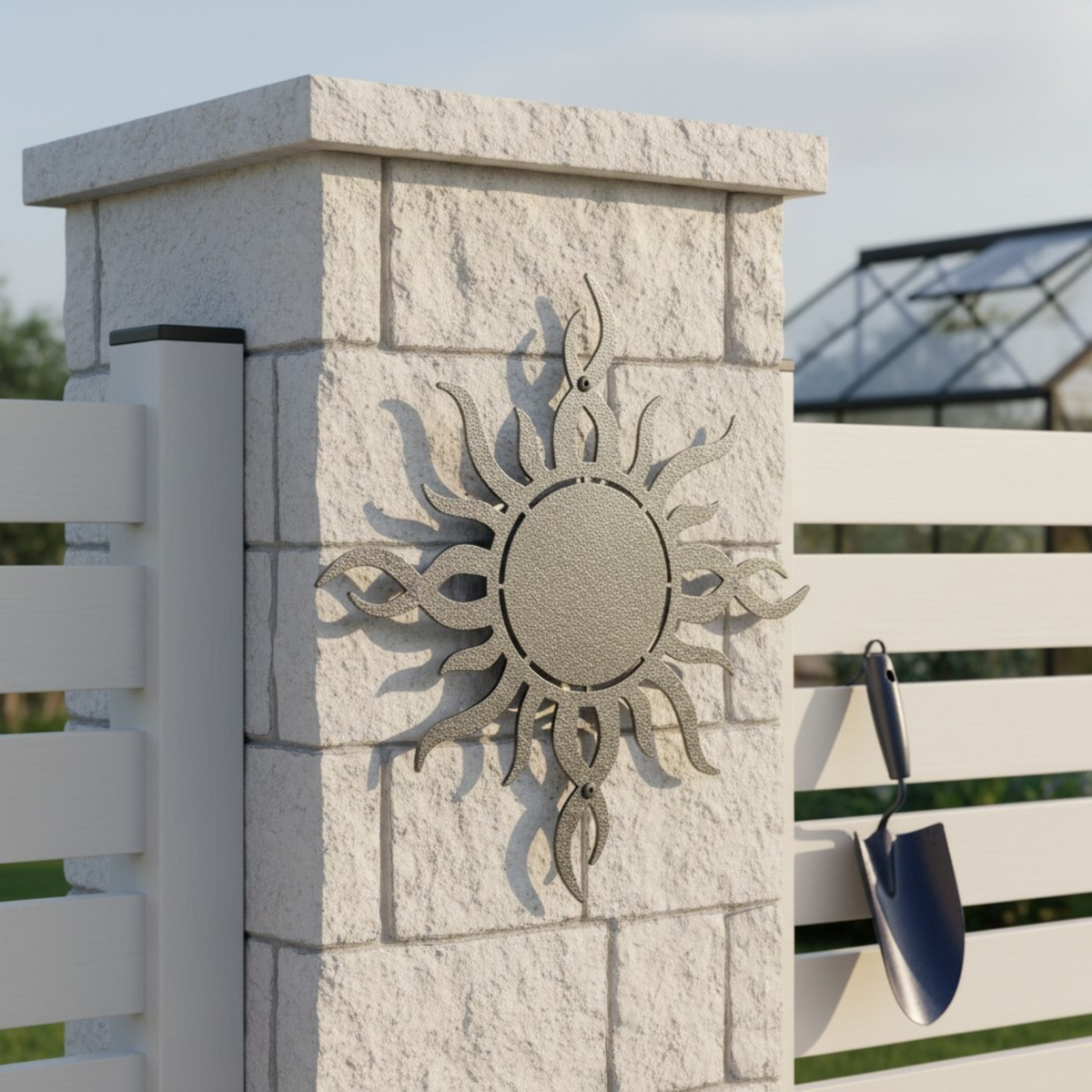 A silver-grey metallic sunburst sign with wavy, stylized rays mounted on a light-colored stacked stone pillar next to a white slatted fence with a garden trowel hanging nearby.