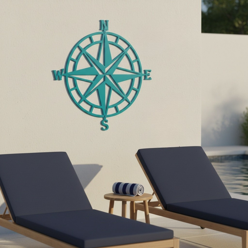  A teal-colored metal compass rose sign hanging on a white exterior wall above two wooden lounge chairs with dark blue cushions next to a swimming pool.