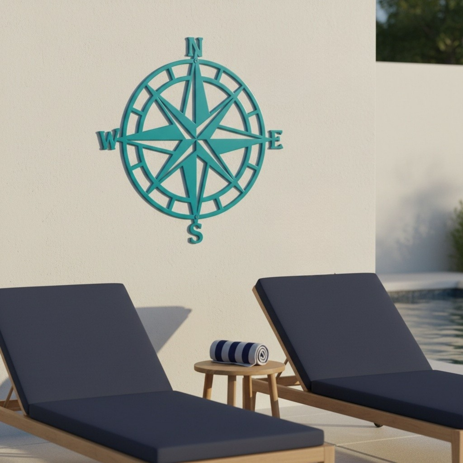  A teal-colored metal compass rose sign hanging on a white exterior wall above two wooden lounge chairs with dark blue cushions next to a swimming pool.