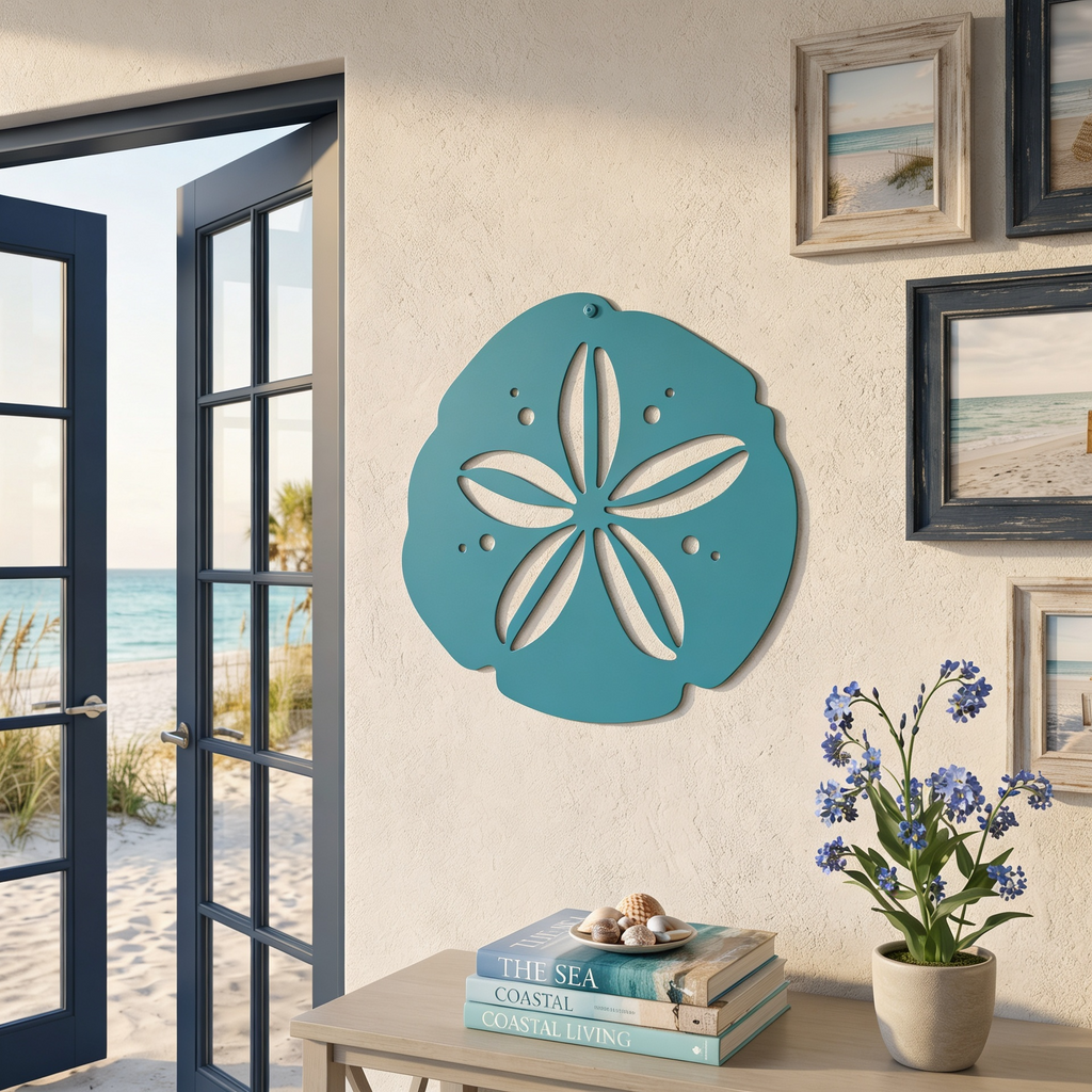  A light aqua-teal metal sand dollar hanging on an indoor wall next to open French doors showing a sandy beach, positioned above a table with coastal books and blue flowers.
