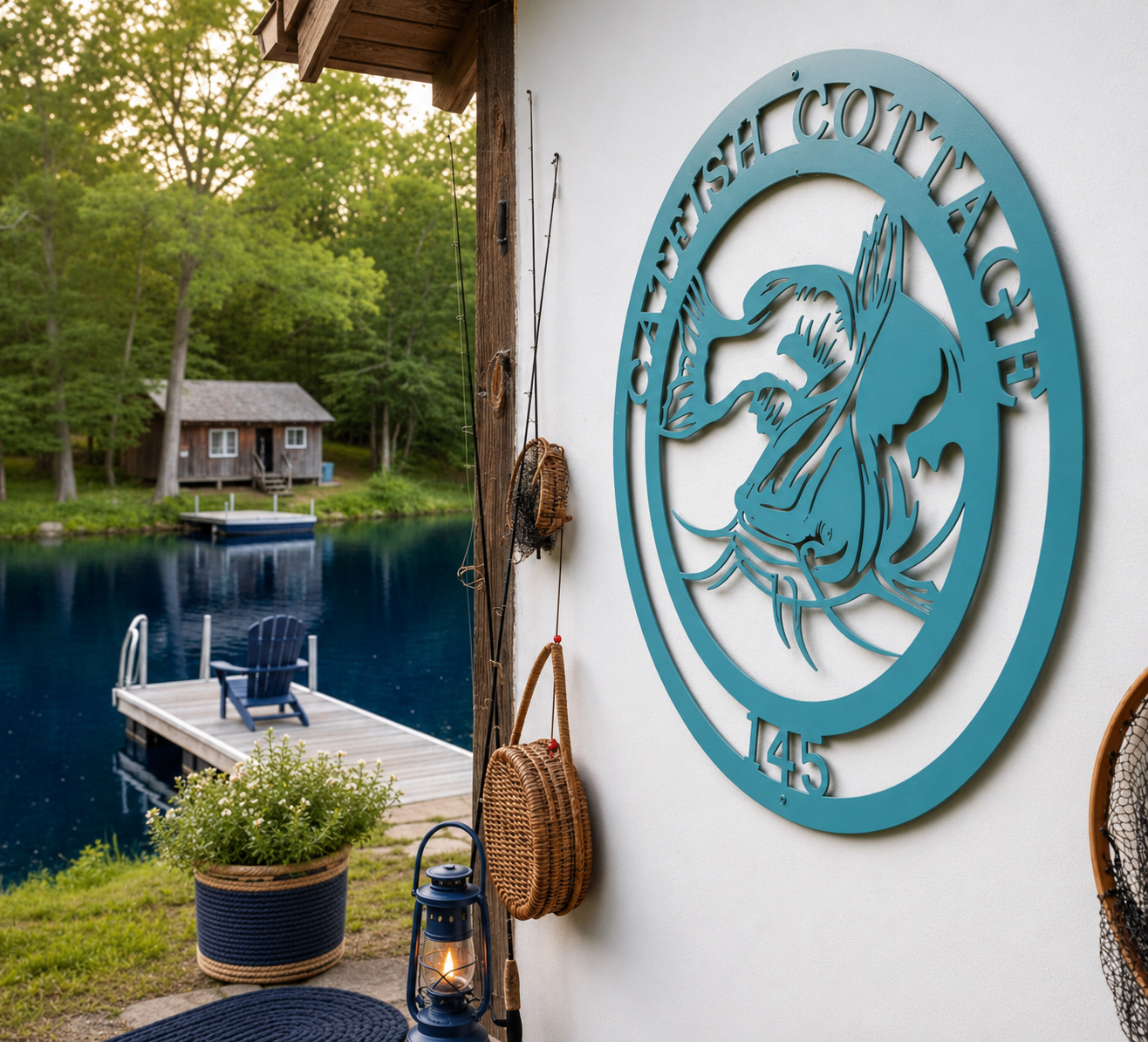 Teal blue personalized catfish cottage metal address sign hanging near a wooden post with a scenic view of a private lake and dock in the background.