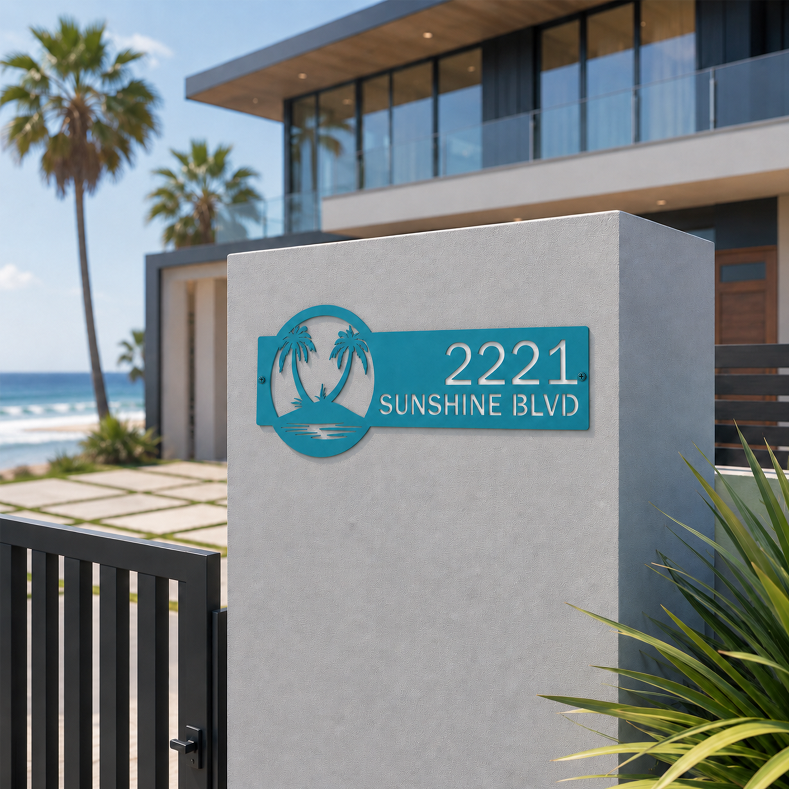 Turquoise palm tree custom address sign displayed on modern beach house gate pillar with oceanfront background