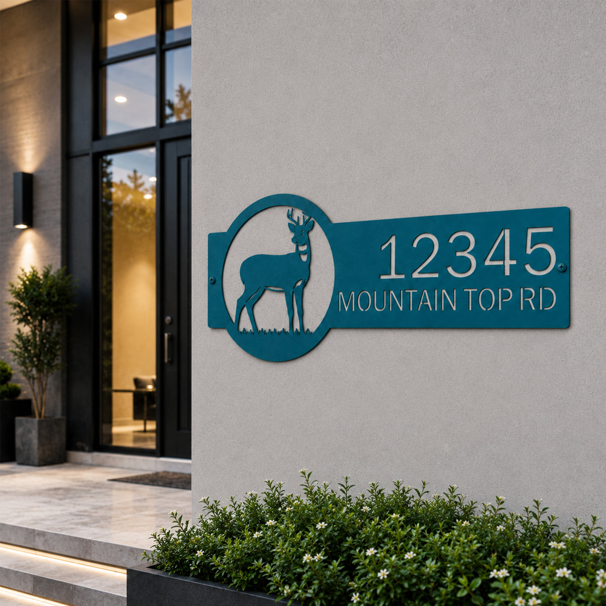 Turquoise custom deer address sign mounted on modern exterior wall featuring personalized house number and mountain top road text outdoor metal decor