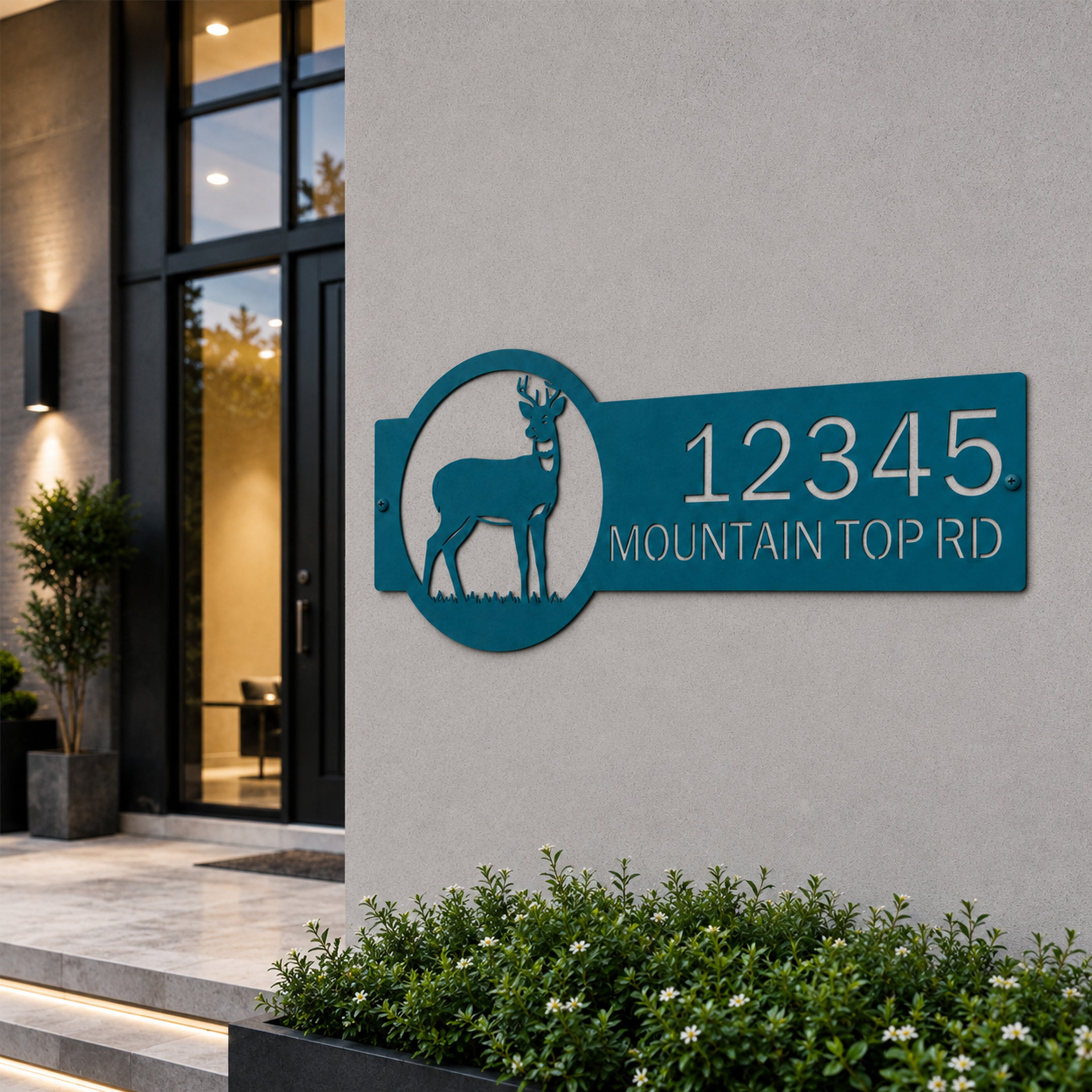 Turquoise custom deer address sign mounted on modern exterior wall featuring personalized house number and mountain top road text outdoor metal decor