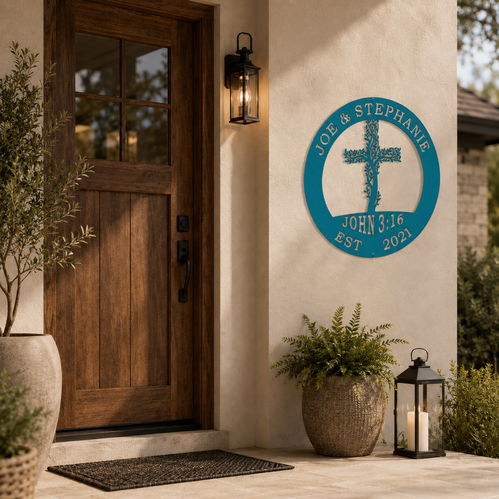 Turquoise personalized metal cross sign with family names and scripture, mounted on an exterior wall next to a wooden front door and a lantern.