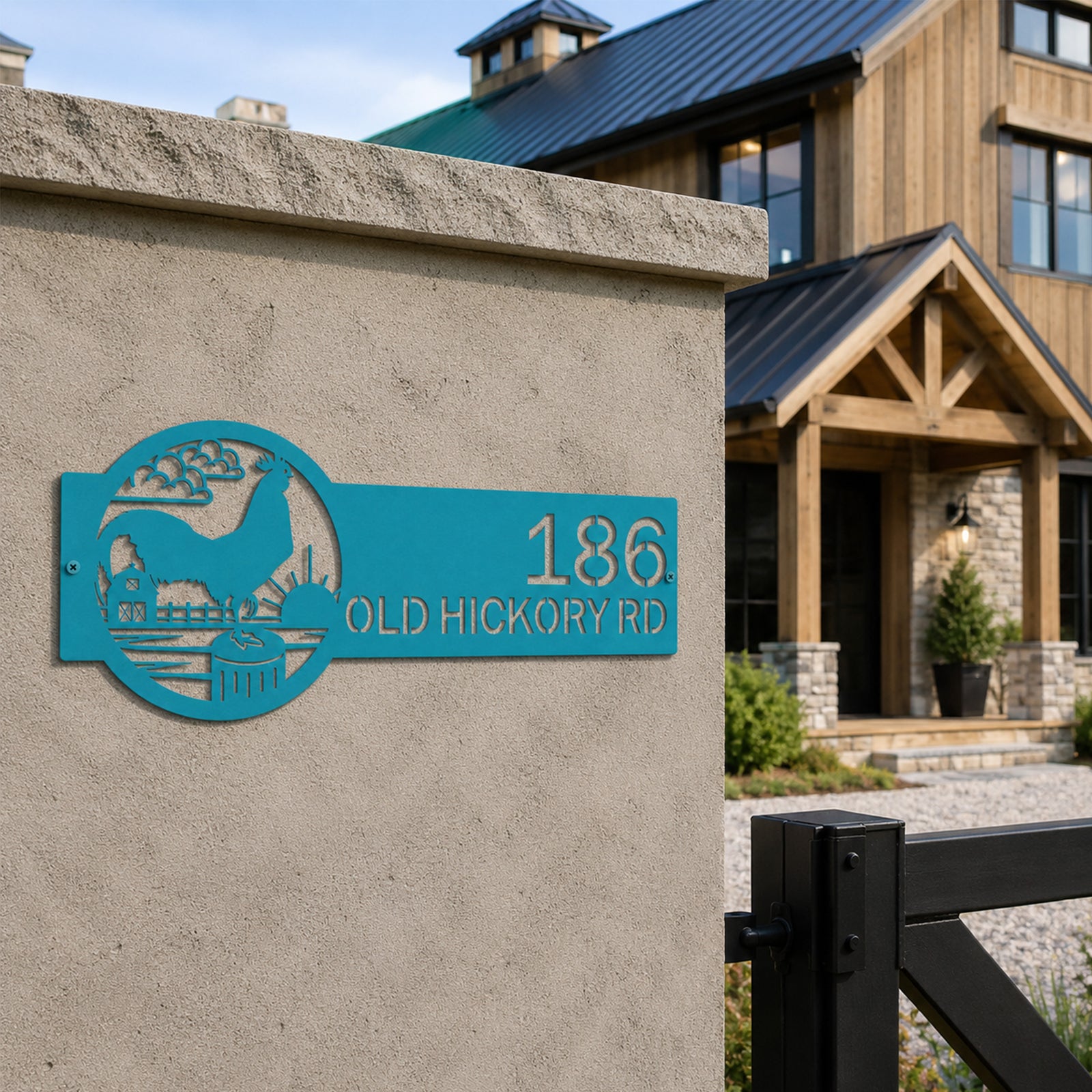 Turquoise rooster farmhouse address sign mounted on concrete entry wall with custom house number and country farm landscape metal artwork