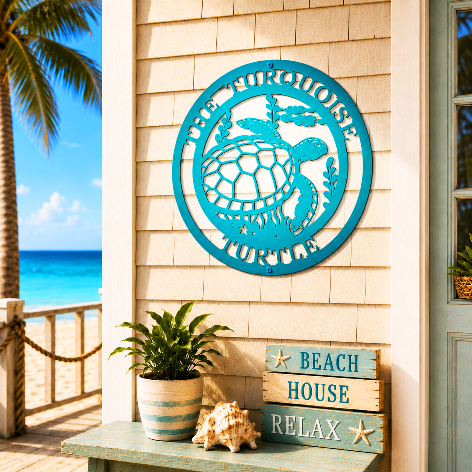 Turquoise sea turtle metal wall art displayed on beach cottage siding with oceanfront coastal decor