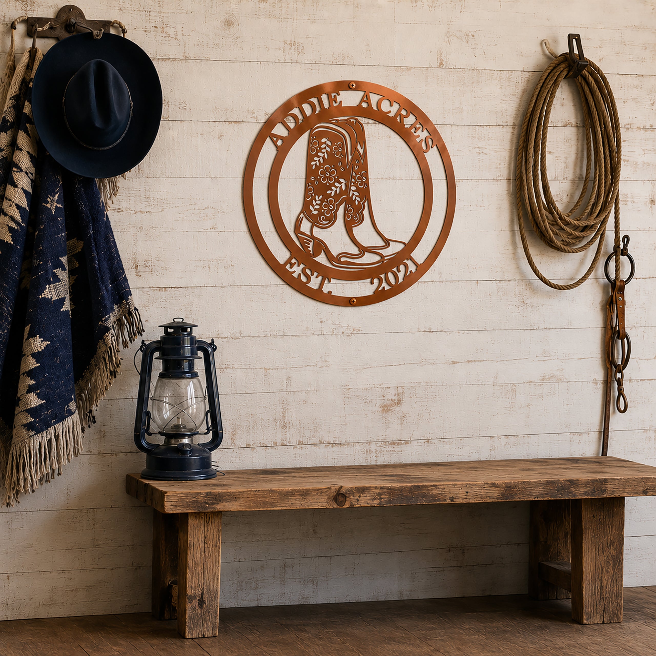 Letrero metálico personalizado "Botas de Vaquera": placa con número de casa personalizada para decoración de exteriores