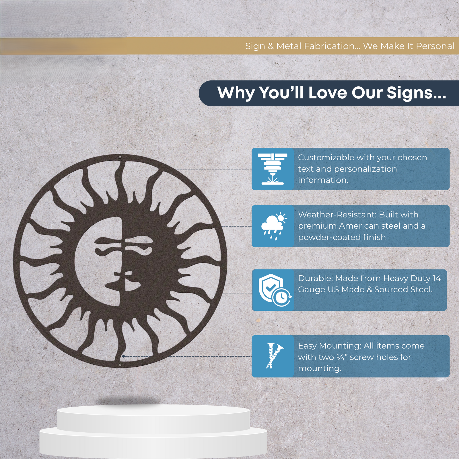 Custom Sun and Moon Metal Wall Art for Outdoor Living Spaces