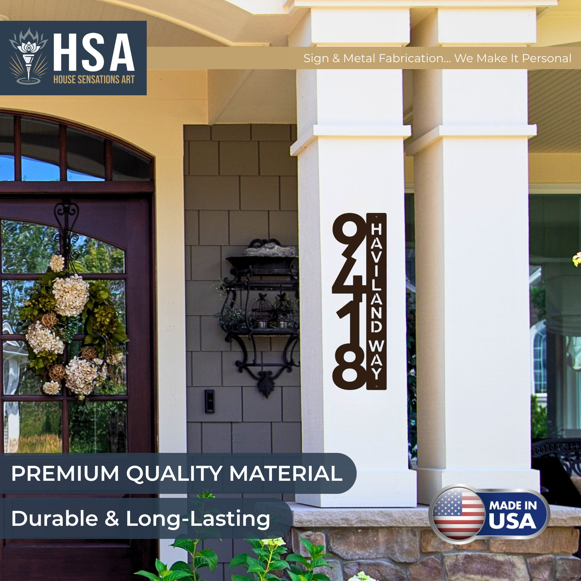 House number sign mounted on pillar with premium quality material text and branding, outdoor address signage, HouseSensationsArt