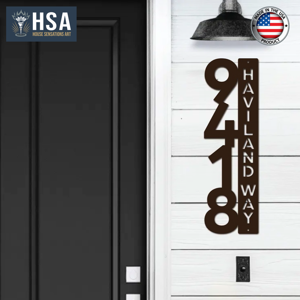 Custom address decal on front door with logo and American flag label, outdoor home or business signage, HouseSensationsArt