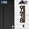 Custom address decal on front door with logo and American flag label, outdoor home or business signage, HouseSensationsArt