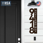 Custom address decal on front door with logo and American flag label, outdoor home or business signage, HouseSensationsArt