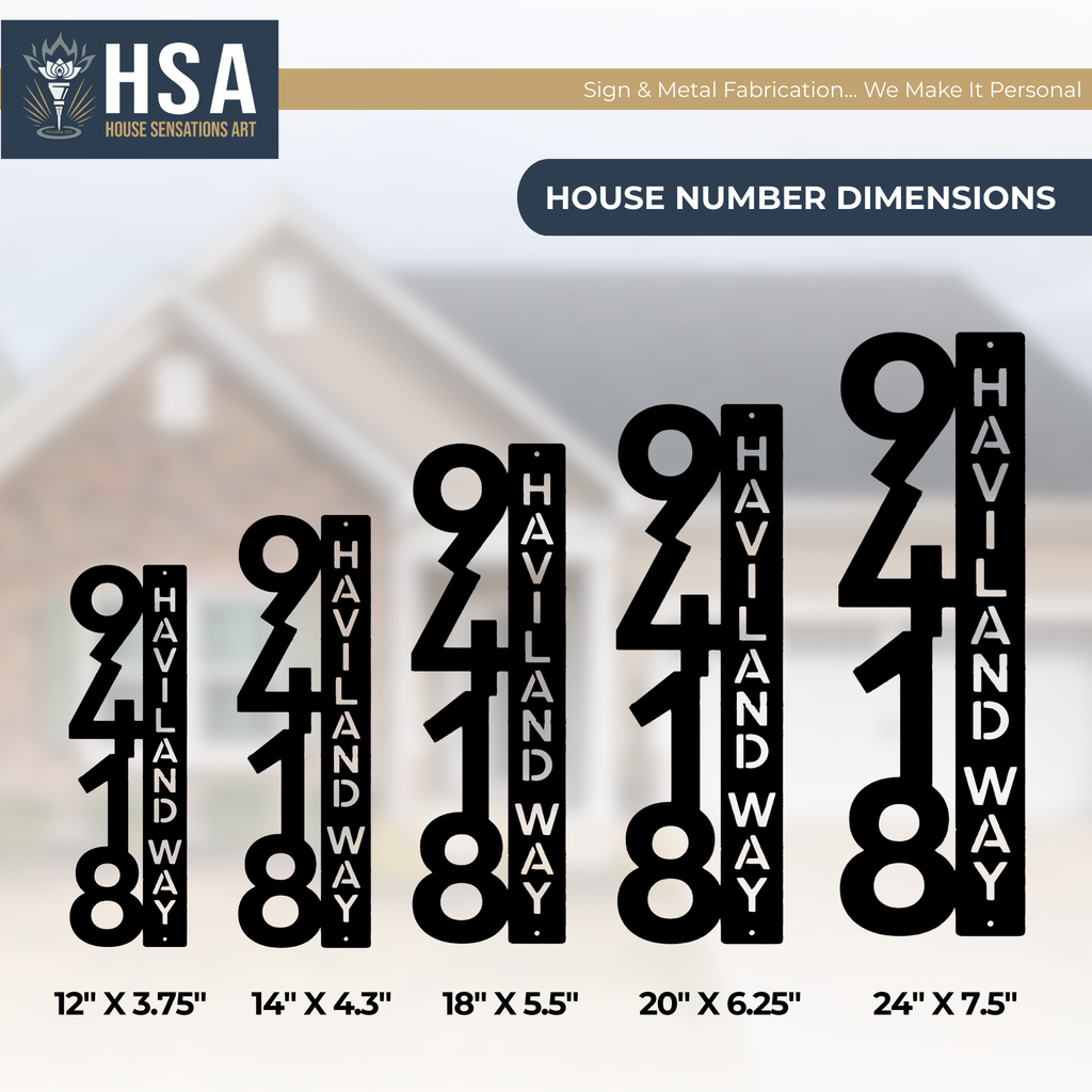 House number dimensions chart showing various sizes of Haviland Way address signs on blurred background, HouseSensationsArt