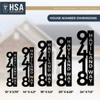 House number dimensions chart showing various sizes of Haviland Way address signs on blurred background, HouseSensationsArt