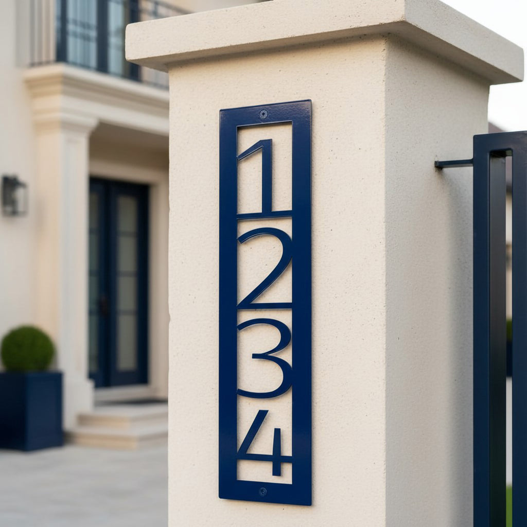 Navy blue vertical metal house number sign 1234 mounted on a white stucco pillar beside a modern entry gate