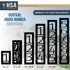 Set of vertical house number signs with dimensions displayed on clear background, modern address plaque sizing guide, HouseSensationsArt