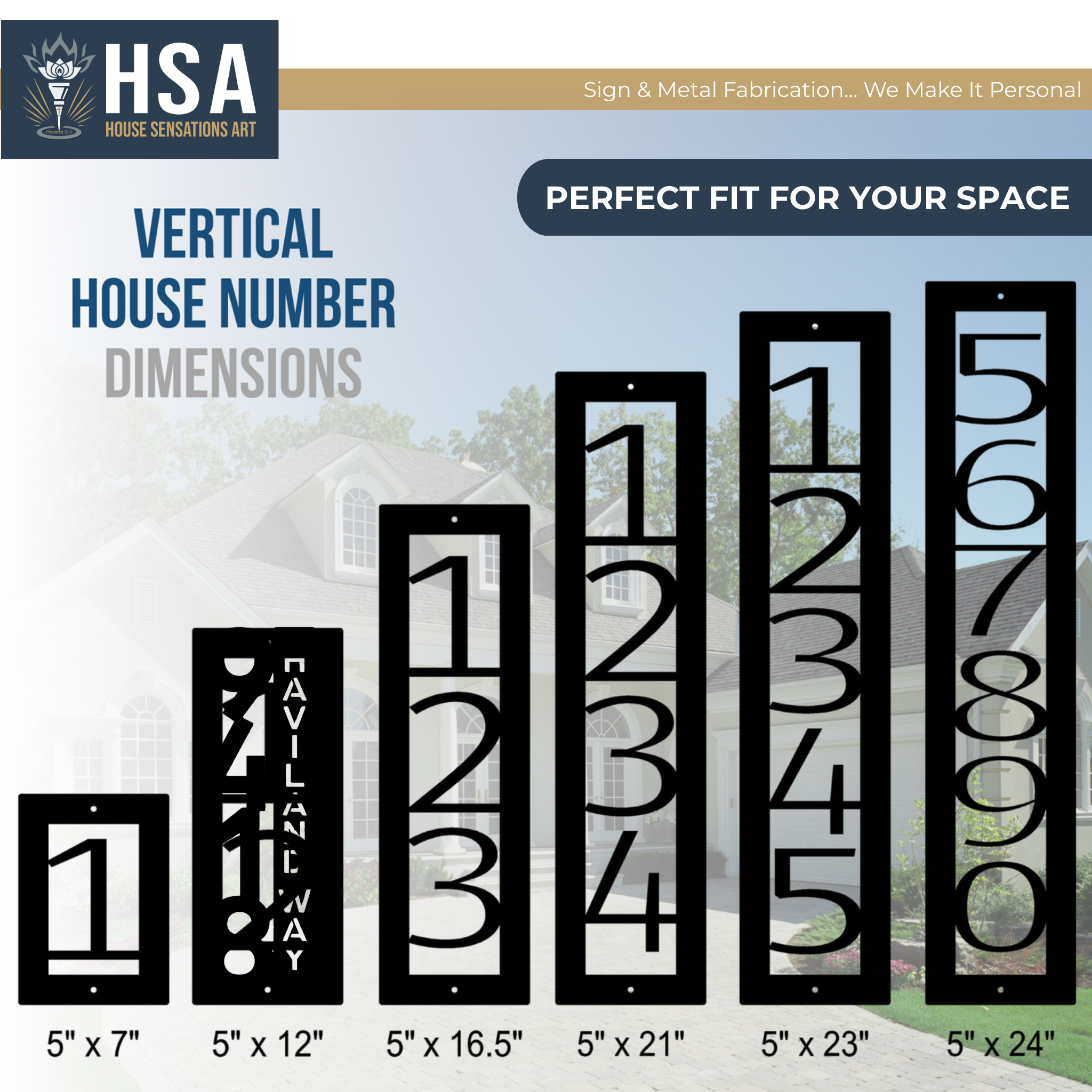 Set of vertical house number signs with dimensions displayed on clear background, modern address plaque sizing guide, HouseSensationsArt