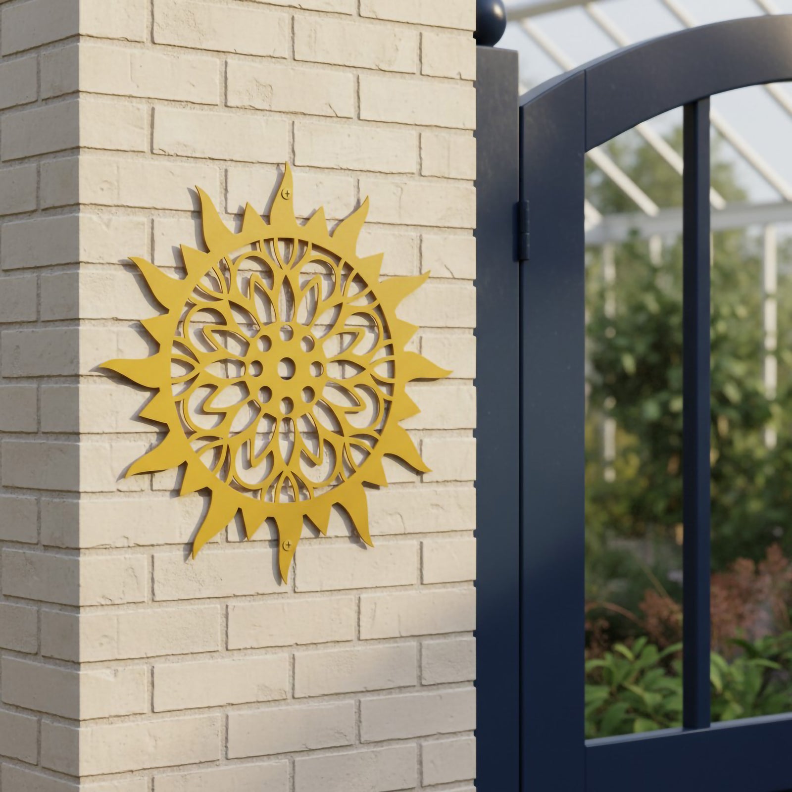  A bright yellow metal sunburst medallion with intricate laser-cut patterns, mounted on a cream brick column directly next to an open navy blue metal garden gate.