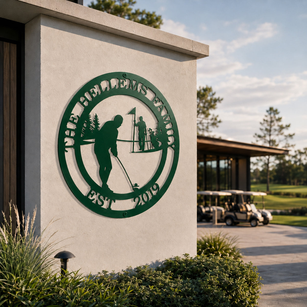 Bionic green custom metal golf layout sign featuring custom family text, displayed on an outdoor white stucco building structure next to green landscape bushes and golf paths.