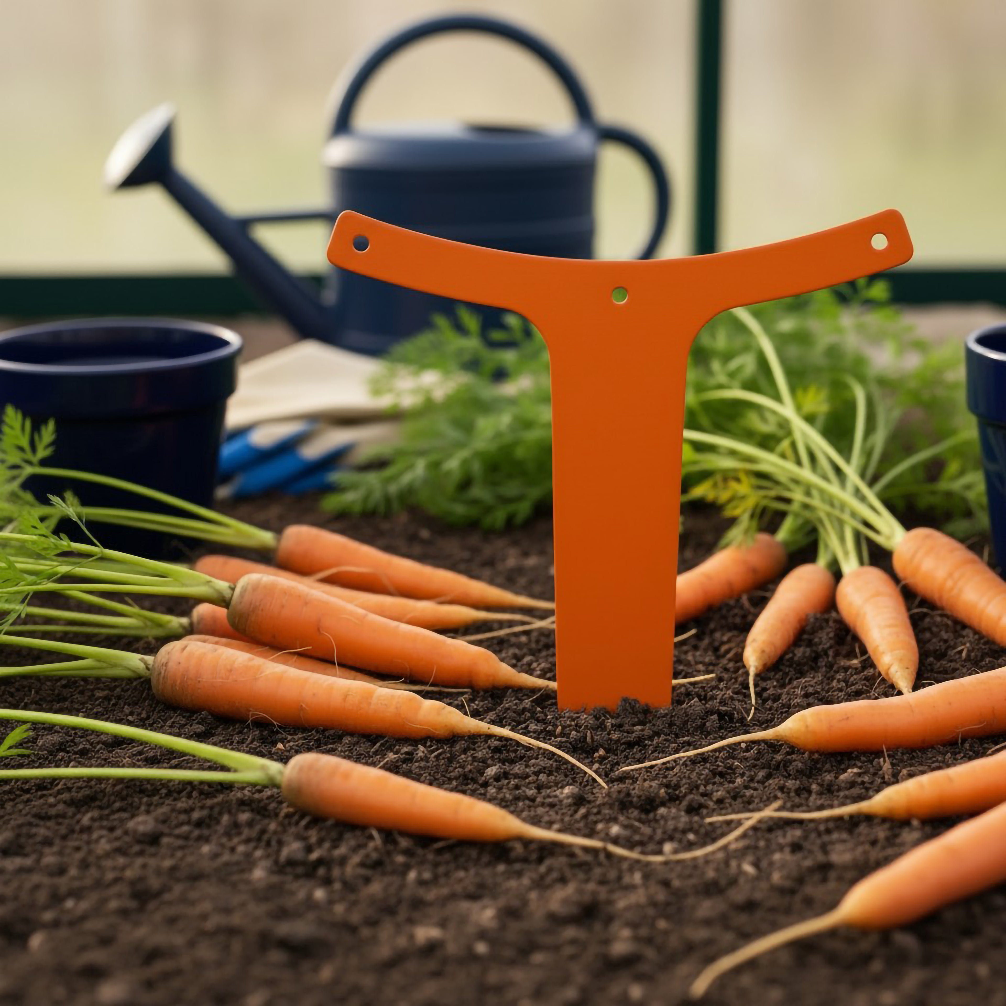  A bright orange T-shaped metal plant marker sticking out of a patch of soil, surrounded by freshly harvested orange carrots with their green tops attached.