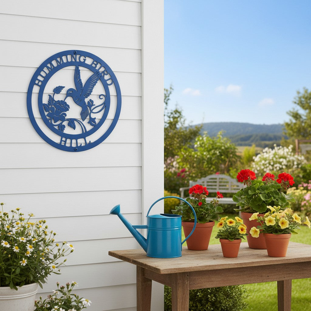 Textured navy blue custom metal round sign featuring a hummingbird silhouette layout, displayed centrally on an outdoor white shiplap wall next to a wooden table with potted red geraniums and a bright blue watering can.
