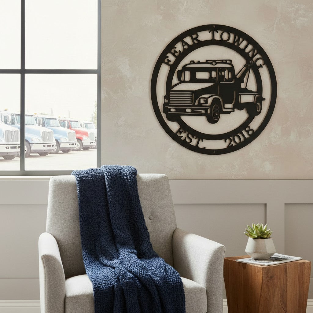 Bright tangerine orange finish of the custom metal tow truck sign mounted on a cream-colored office wall beside a wooden chair draped with a dark navy blue knit blanket.