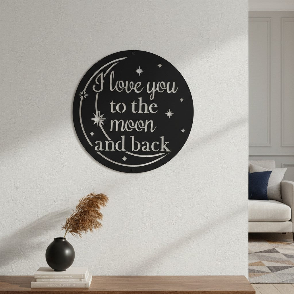 Bright orange custom metal text sign featuring a moon and stars design displayed on a white shiplap accent wall behind a cozy blue armchair.