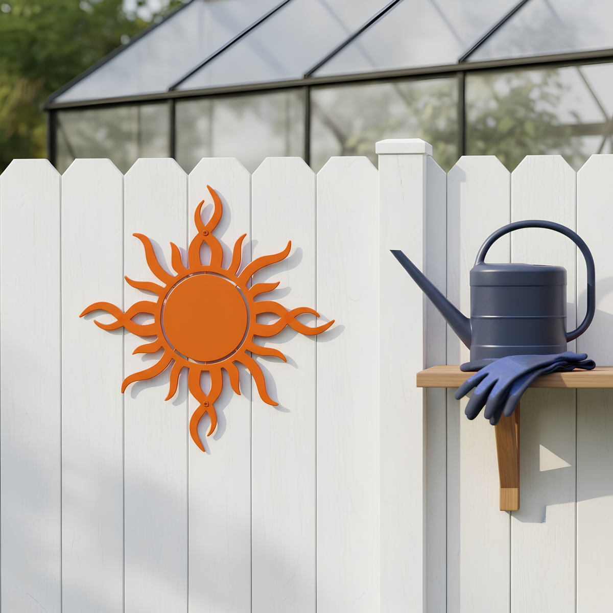 A bright orange metal sun plaque mounted on a white picket privacy fence next to a wooden wall shelf holding a dark blue watering can and matching garden gloves.