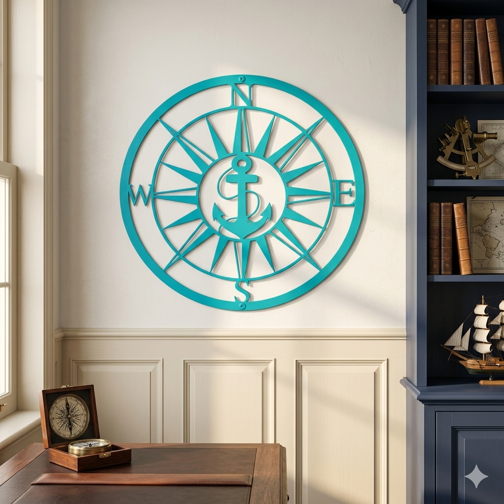 Bright turquoise custom metal compass anchor sign displayed on a white wall above beige wainscoting panels next to a dark blue library bookshelf unit.