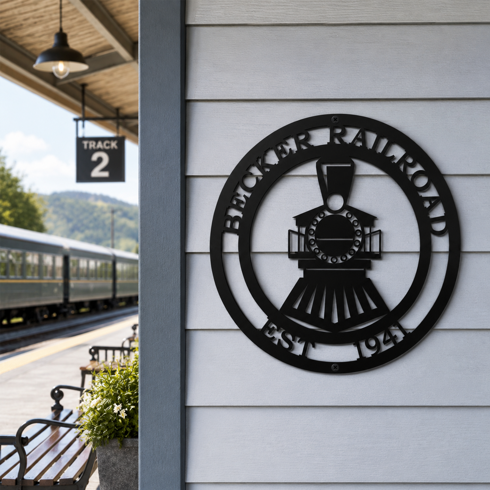 Custom Becker Railroad train engine metal sign mounted near train station track and outdoor bench seating
