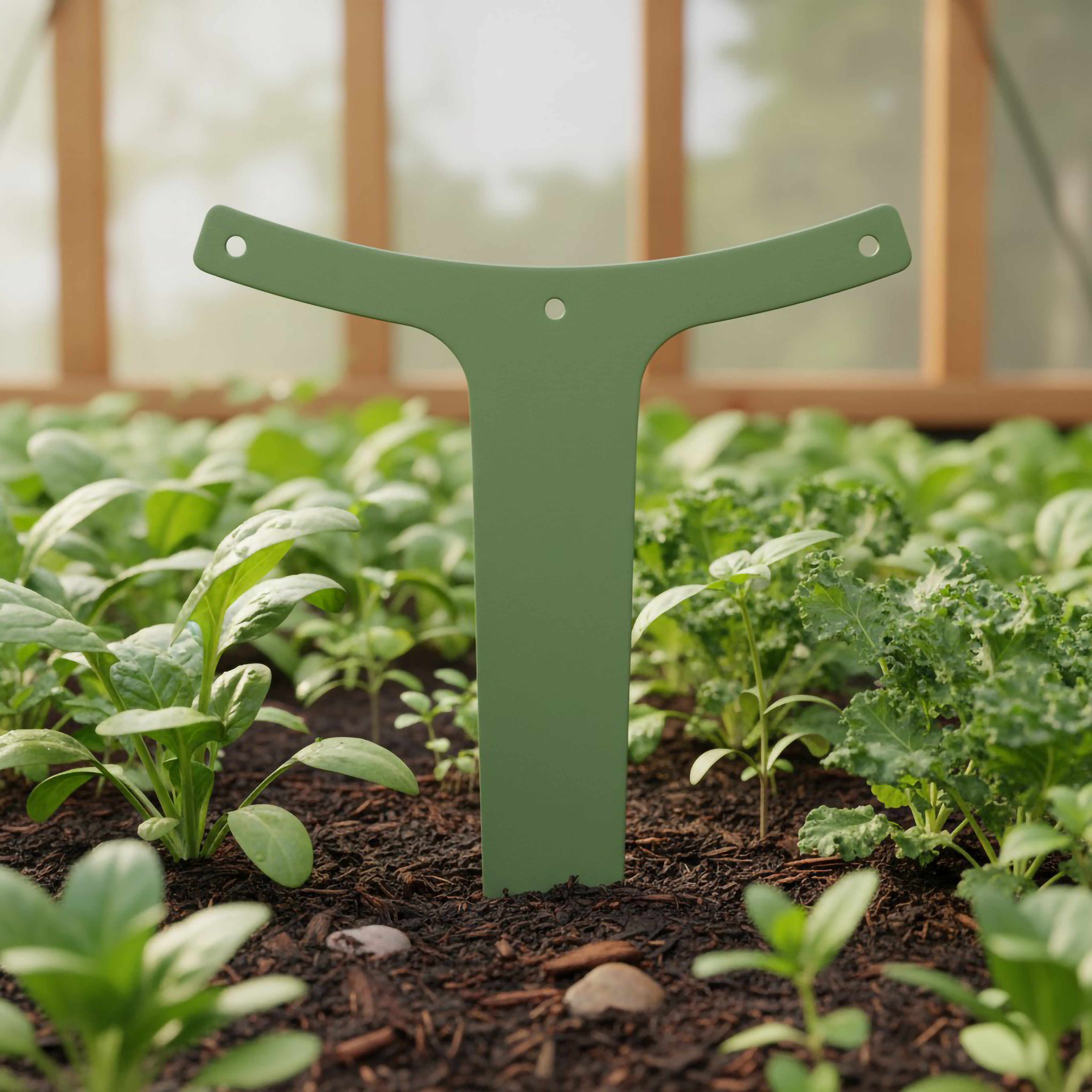 A sage green T-shaped metal plant stake standing in dark soil surrounded by young leafy greens, basil, and kale seedlings in a bright wooden greenhouse.